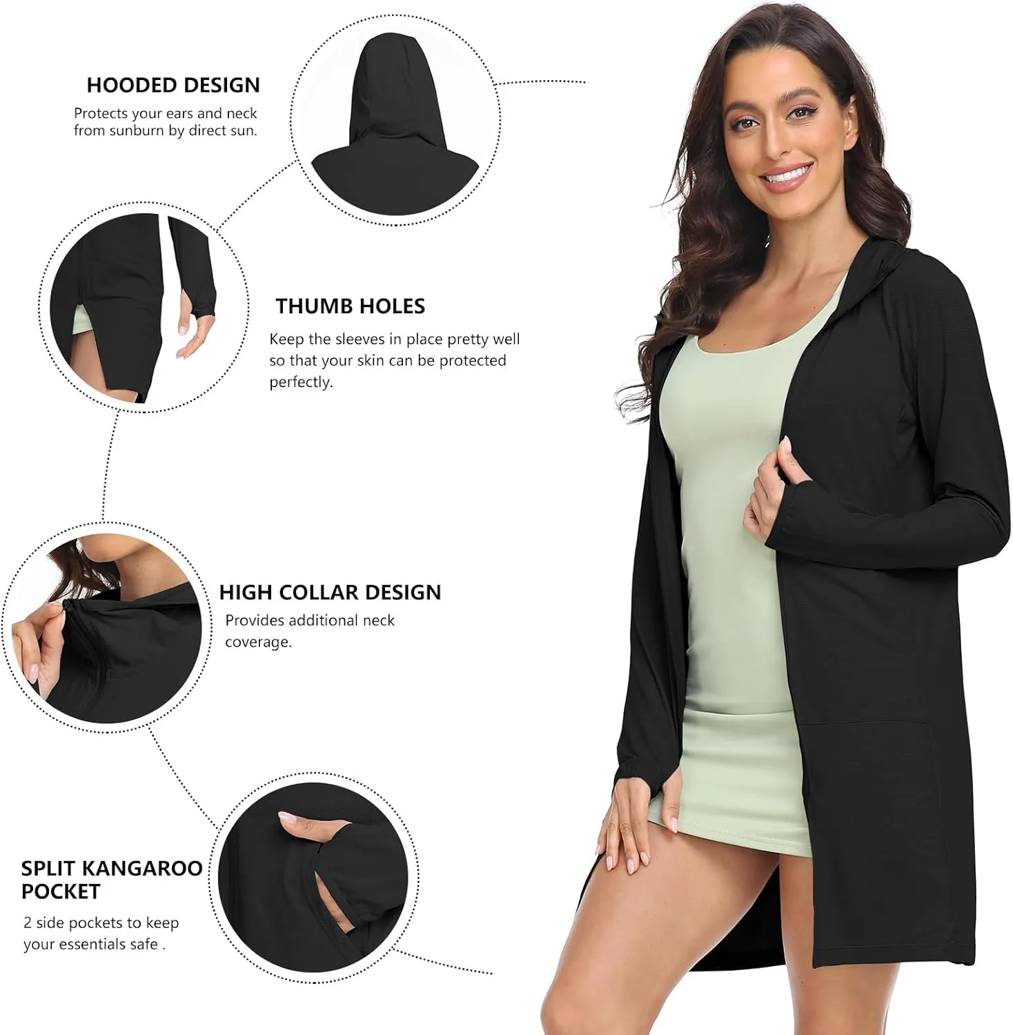 HISKYWIN Women's UPF 50  UV Sun Protection Hoodie Long Jacket Workout Long Sleeve Zip Shirt Lightweight Outdoor Hooded