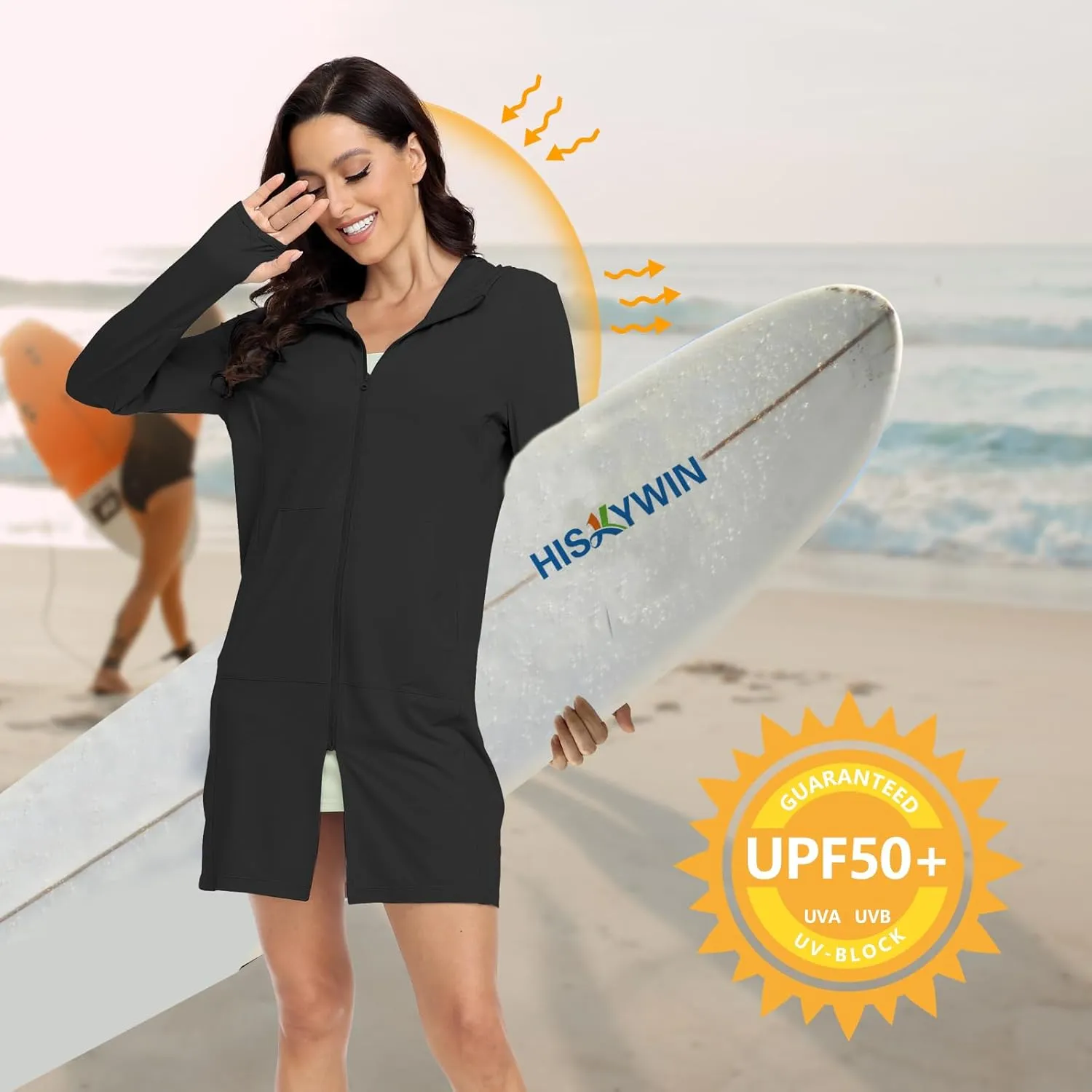 HISKYWIN Women's UPF 50  UV Sun Protection Hoodie Long Jacket Workout Long Sleeve Zip Shirt Lightweight Outdoor Hooded