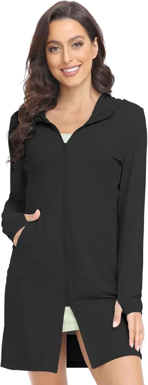 HISKYWIN Women's UPF 50  UV Sun Protection Hoodie Long Jacket Workout Long Sleeve Zip Shirt Lightweight Outdoor Hooded