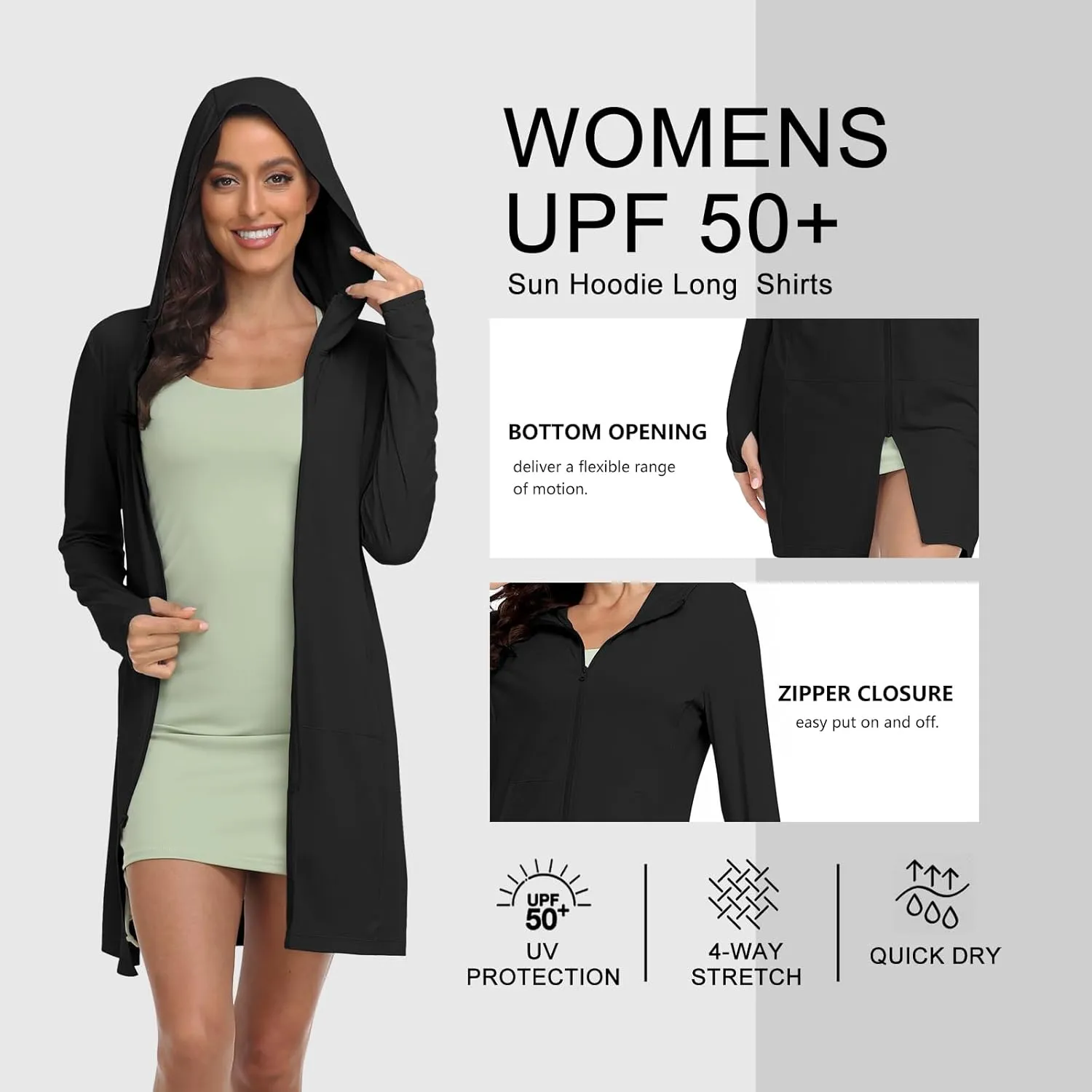 HISKYWIN Women's UPF 50  UV Sun Protection Hoodie Long Jacket Workout Long Sleeve Zip Shirt Lightweight Outdoor Hooded