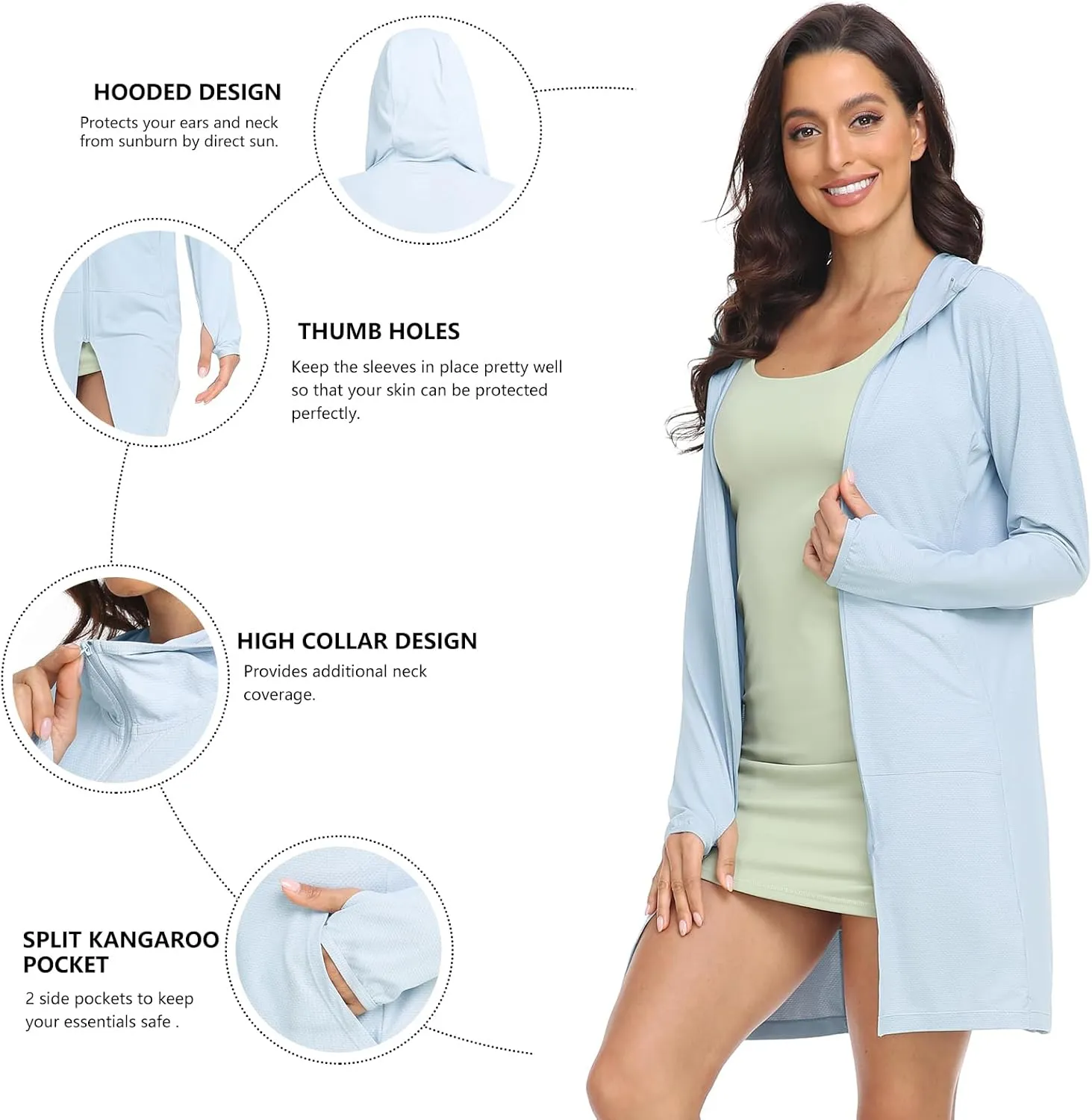 HISKYWIN Women's UPF 50  UV Sun Protection Hoodie Long Jacket Workout Long Sleeve Zip Shirt Lightweight Outdoor Hooded