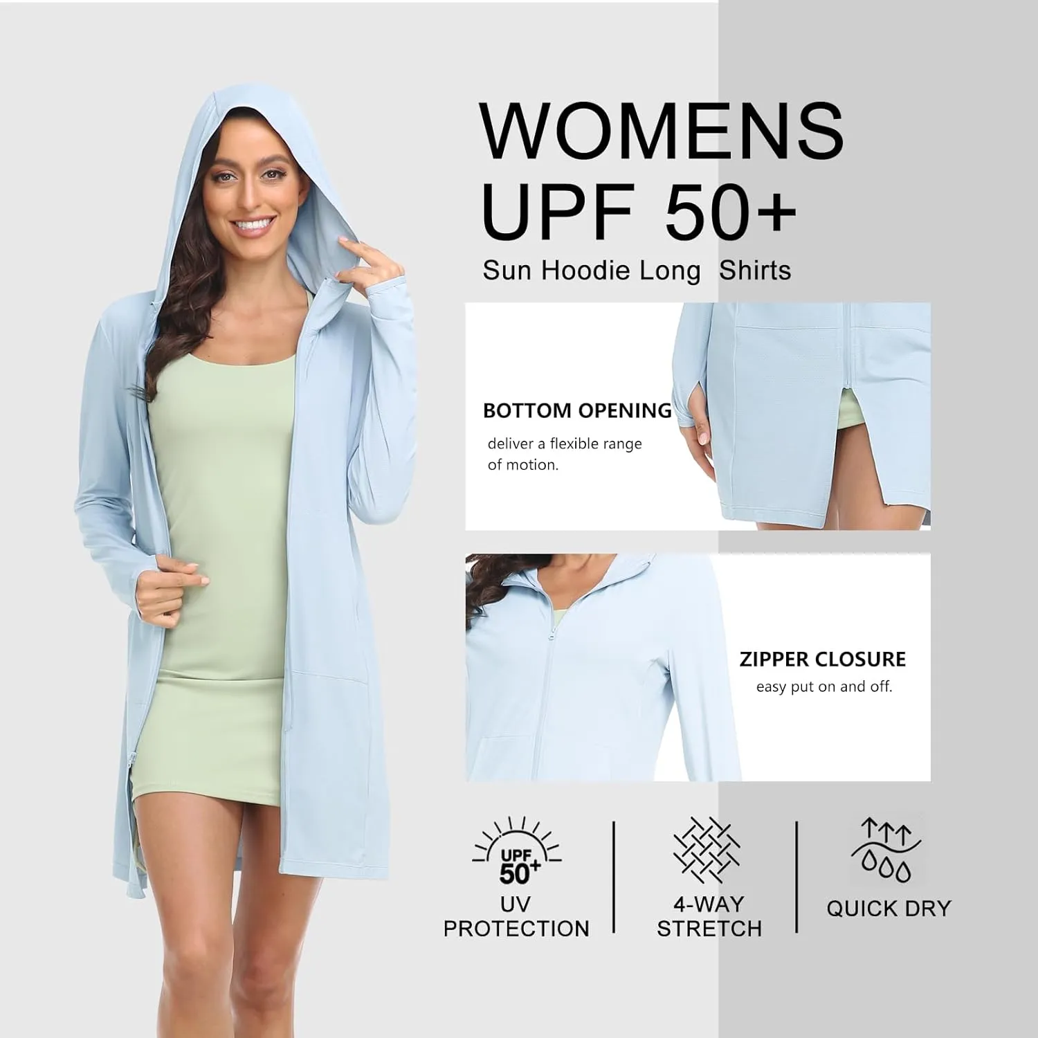 HISKYWIN Women's UPF 50  UV Sun Protection Hoodie Long Jacket Workout Long Sleeve Zip Shirt Lightweight Outdoor Hooded