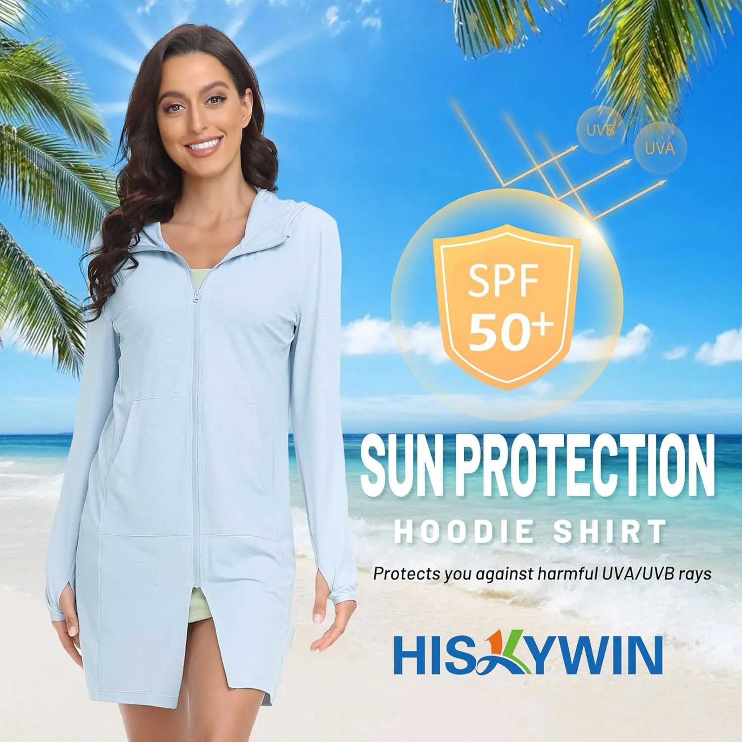 HISKYWIN Women's UPF 50  UV Sun Protection Hoodie Long Jacket Workout Long Sleeve Zip Shirt Lightweight Outdoor Hooded