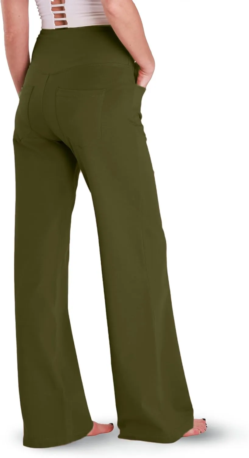 Houmous Wide Leg Pants Women Cotton Yoga Pants 28"/31"/34" High Waist Loose Lounge Stretch Trousers with Pockets