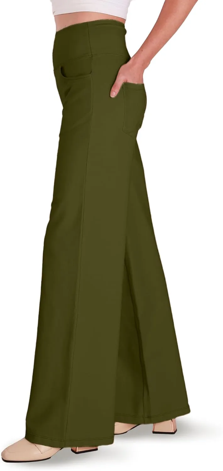 Houmous Wide Leg Pants Women Cotton Yoga Pants 28"/31"/34" High Waist Loose Lounge Stretch Trousers with Pockets