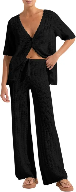 Imily Bela Women's Summer 2 Piece Swimsuit Cover up Crochet Knit Cardigan Tops Long Pants Set Bathing Suit Beach Outfit