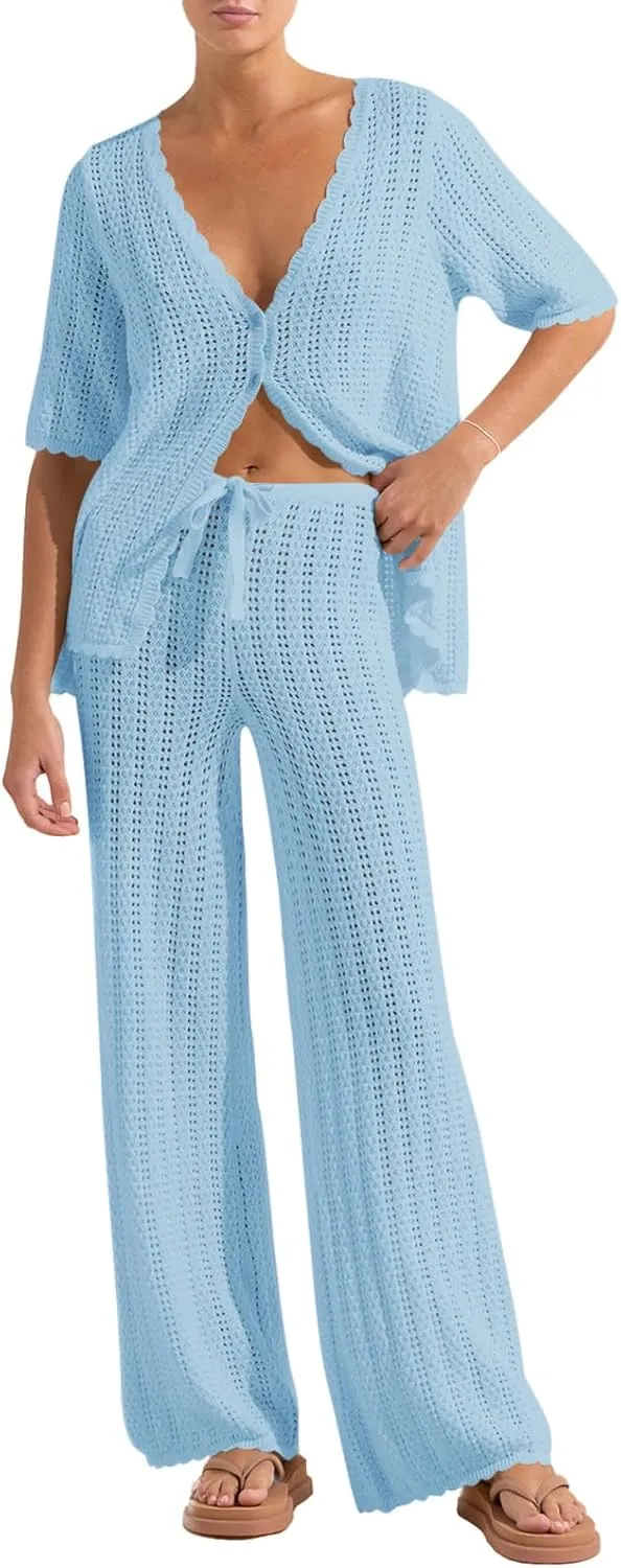 Imily Bela Women's Summer 2 Piece Swimsuit Cover up Crochet Knit Cardigan Tops Long Pants Set Bathing Suit Beach Outfit