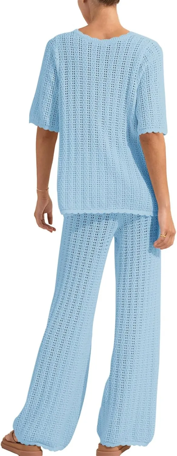 Imily Bela Women's Summer 2 Piece Swimsuit Cover up Crochet Knit Cardigan Tops Long Pants Set Bathing Suit Beach Outfit