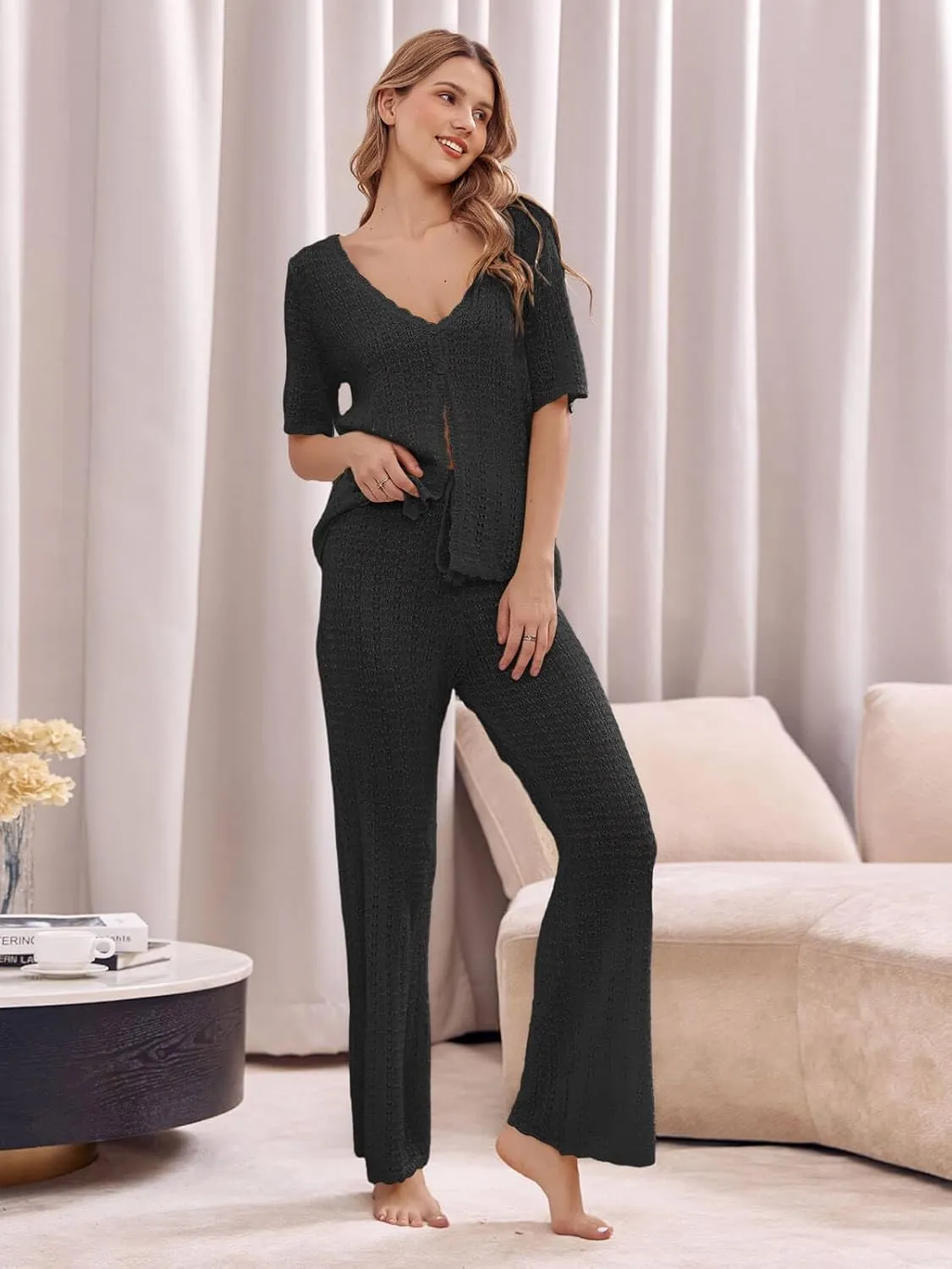 Imily Bela Women's Summer 2 Piece Swimsuit Cover up Crochet Knit Cardigan Tops Long Pants Set Bathing Suit Beach Outfit