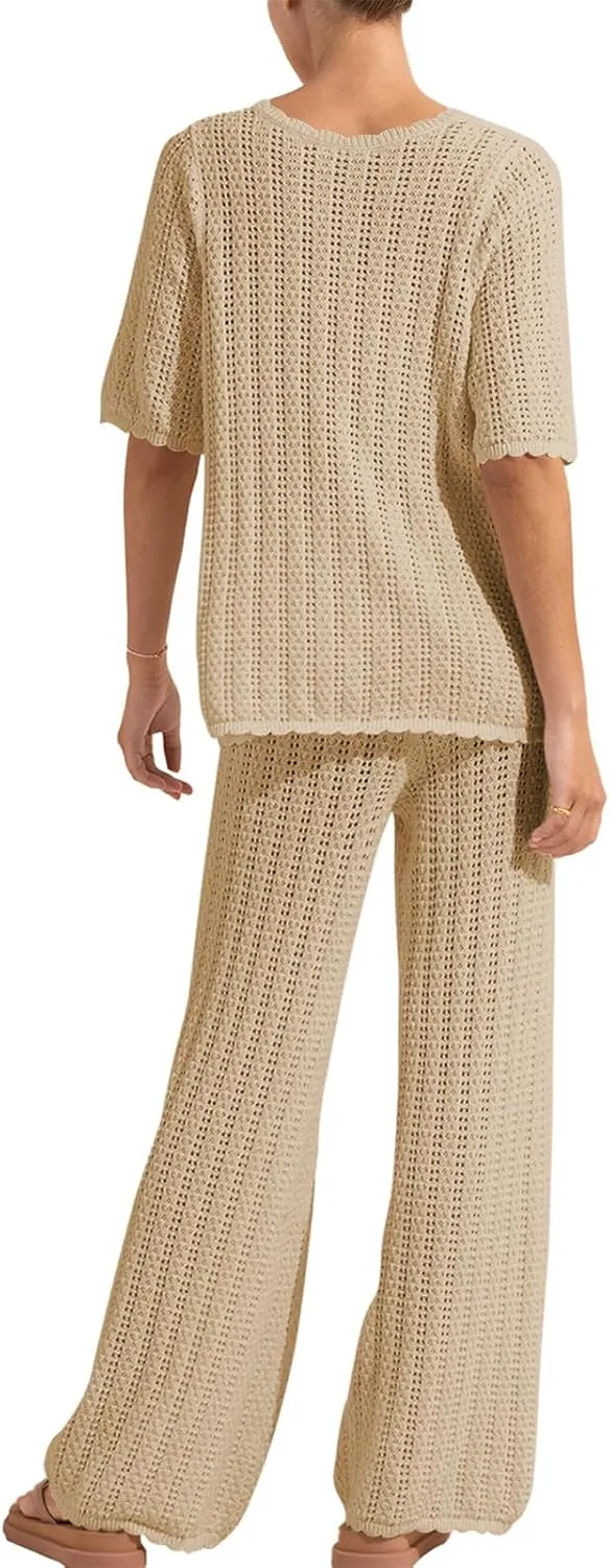 Imily Bela Women's Summer 2 Piece Swimsuit Cover up Crochet Knit Cardigan Tops Long Pants Set Bathing Suit Beach Outfit