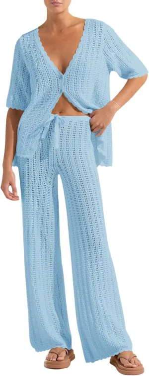 Imily Bela Women's Summer 2 Piece Swimsuit Cover up Crochet Knit Cardigan Tops Long Pants Set Bathing Suit Beach Outfit