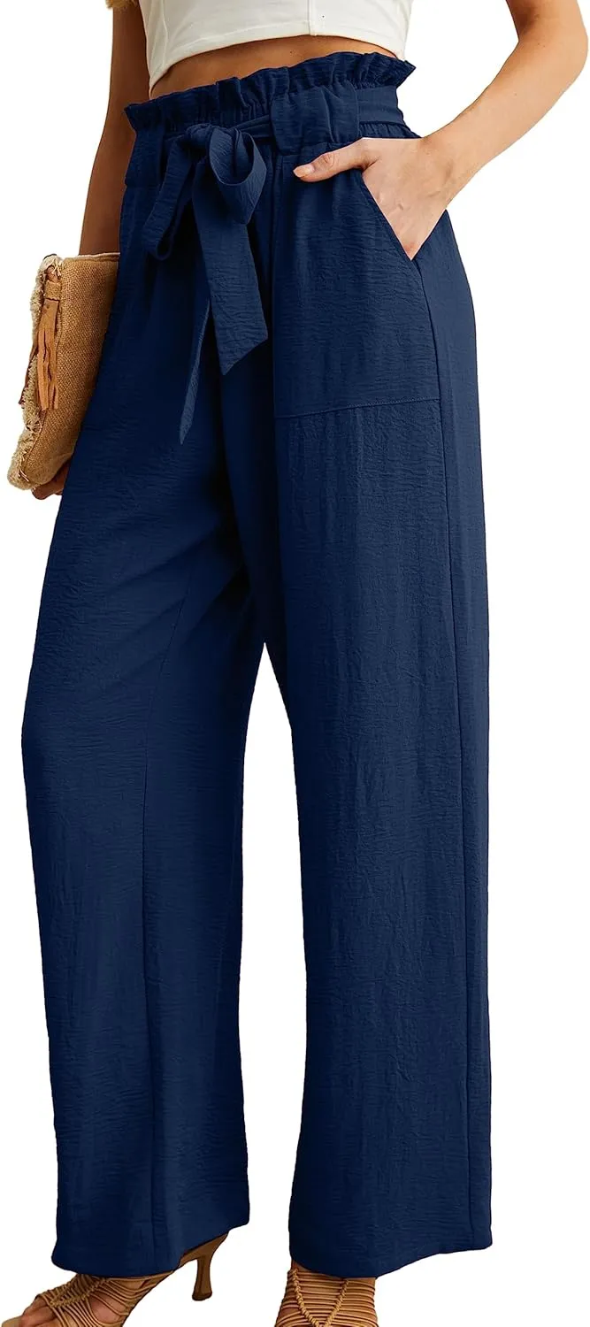IWOLLENCE Women's Wide Leg Pants with Pockets High Waist Adjustable Knot Loose Casual Trousers Business Work Casual Pants