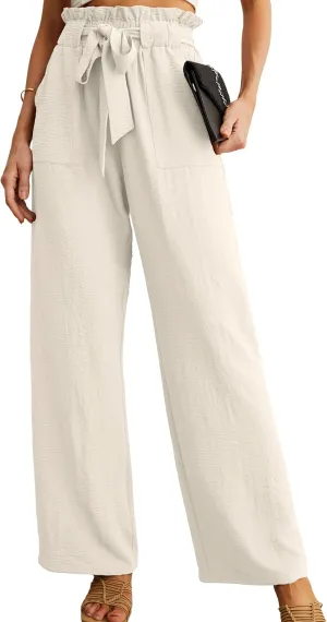 IWOLLENCE Women's Wide Leg Pants with Pockets High Waist Adjustable Knot Loose Casual Trousers Business Work Casual Pants