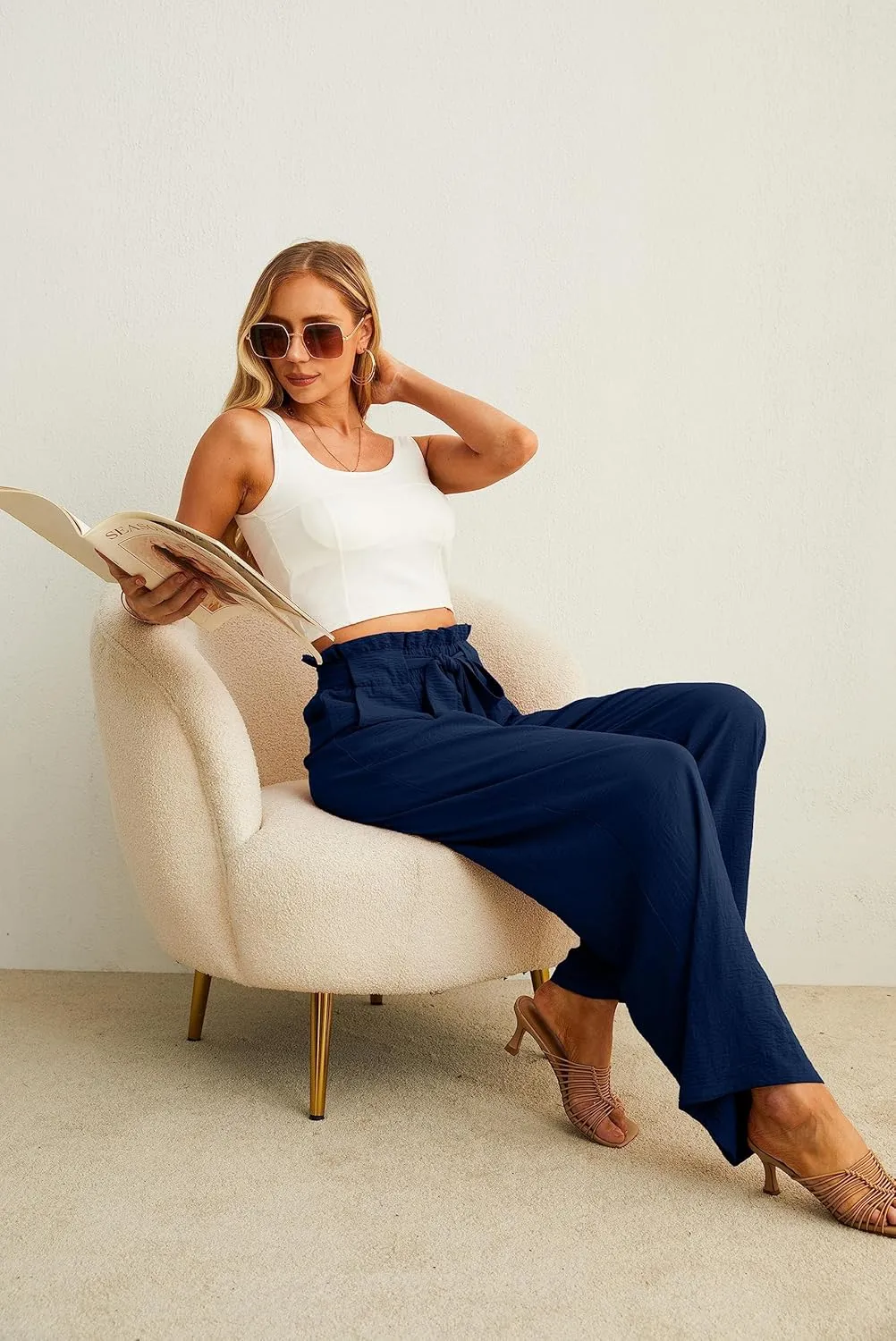 IWOLLENCE Women's Wide Leg Pants with Pockets High Waist Adjustable Knot Loose Casual Trousers Business Work Casual Pants