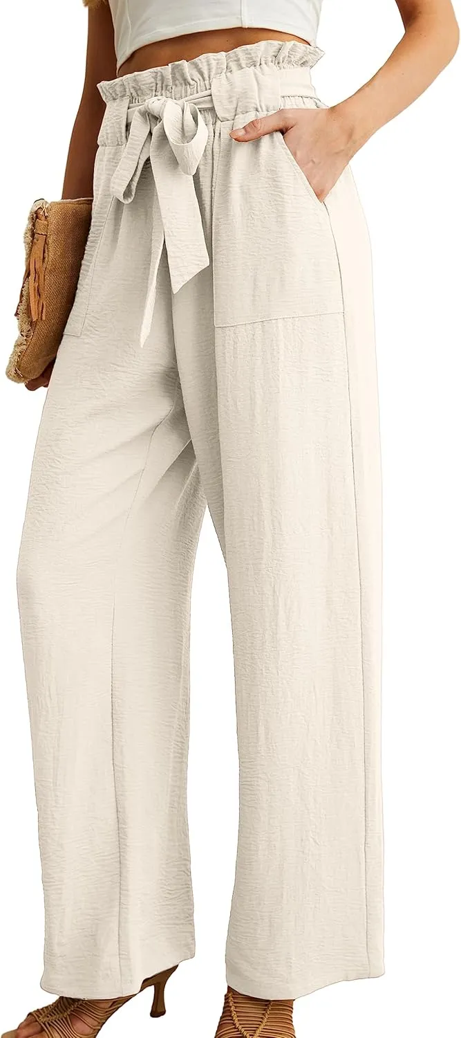 IWOLLENCE Women's Wide Leg Pants with Pockets High Waist Adjustable Knot Loose Casual Trousers Business Work Casual Pants