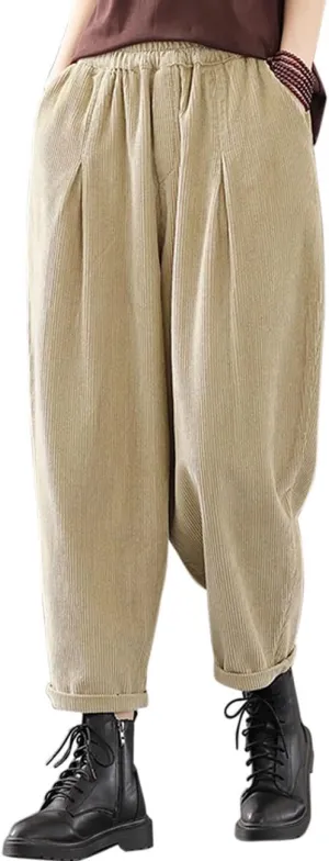 IXIMO Women's Baggy Cropped Corduroy Pants Casual Wide Leg Elastic Waist Pleated Harem Trousers