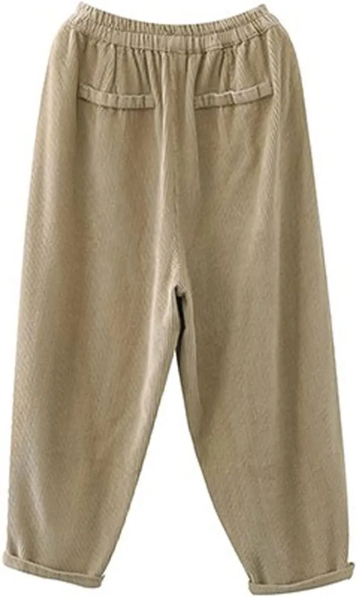 IXIMO Women's Baggy Cropped Corduroy Pants Casual Wide Leg Elastic Waist Pleated Harem Trousers