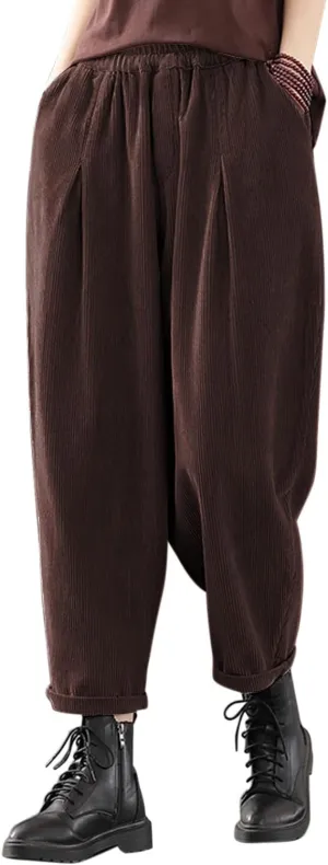 IXIMO Women's Baggy Cropped Corduroy Pants Casual Wide Leg Elastic Waist Pleated Harem Trousers