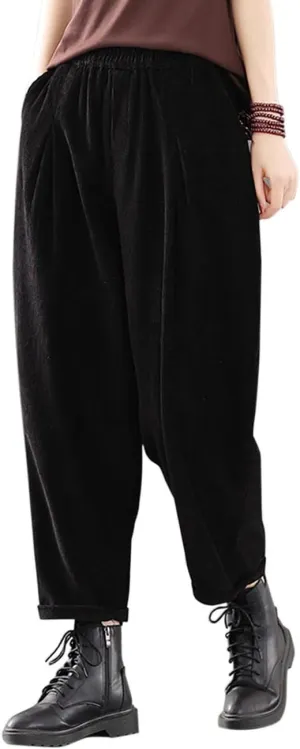 IXIMO Women's Baggy Cropped Corduroy Pants Casual Wide Leg Elastic Waist Pleated Harem Trousers