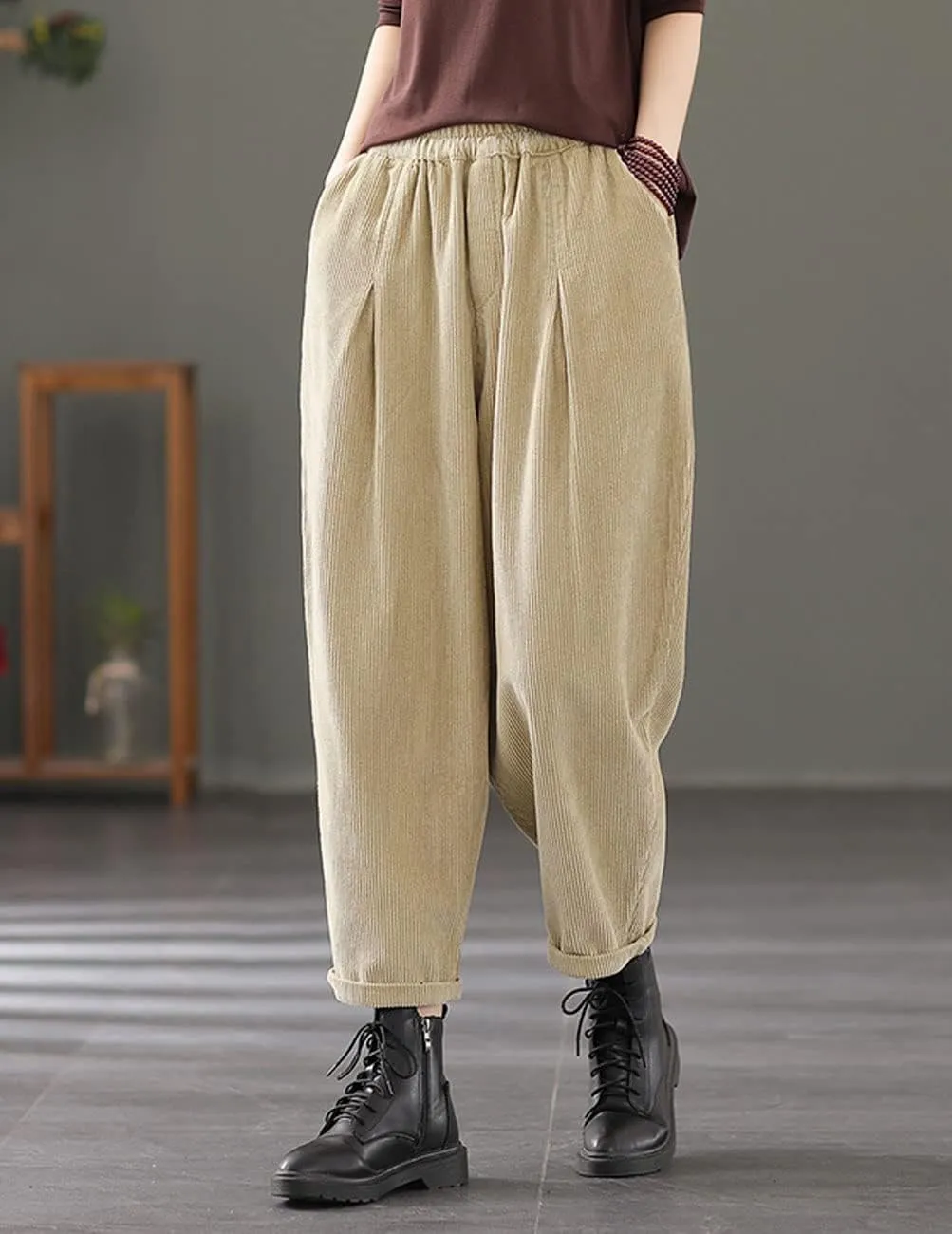 IXIMO Women's Baggy Cropped Corduroy Pants Casual Wide Leg Elastic Waist Pleated Harem Trousers