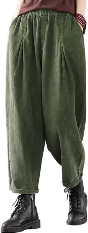 IXIMO Women's Baggy Cropped Corduroy Pants Casual Wide Leg Elastic Waist Pleated Harem Trousers