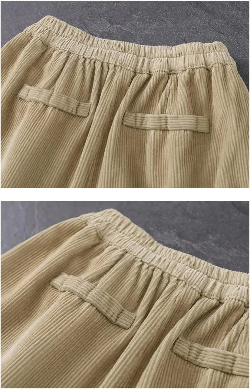 IXIMO Women's Baggy Cropped Corduroy Pants Casual Wide Leg Elastic Waist Pleated Harem Trousers
