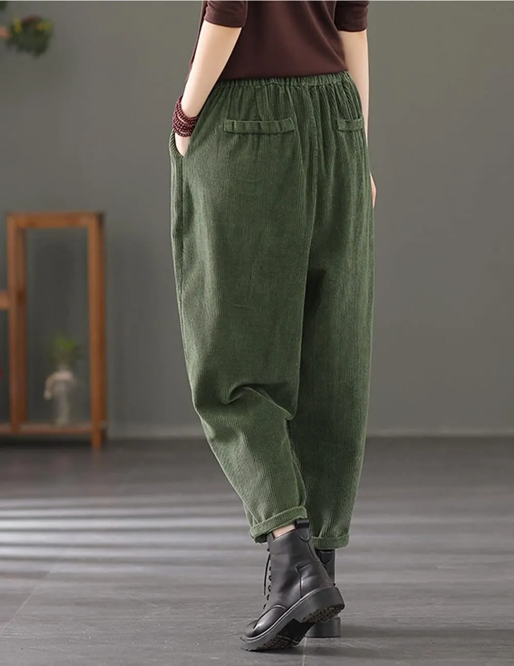 IXIMO Women's Baggy Cropped Corduroy Pants Casual Wide Leg Elastic Waist Pleated Harem Trousers