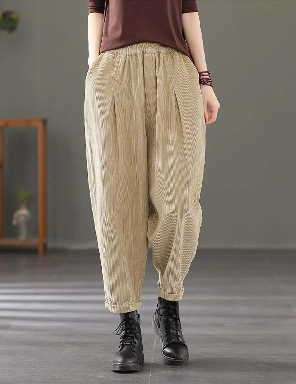 IXIMO Women's Baggy Cropped Corduroy Pants Casual Wide Leg Elastic Waist Pleated Harem Trousers