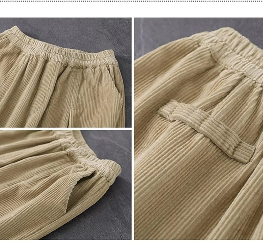 IXIMO Women's Baggy Cropped Corduroy Pants Casual Wide Leg Elastic Waist Pleated Harem Trousers