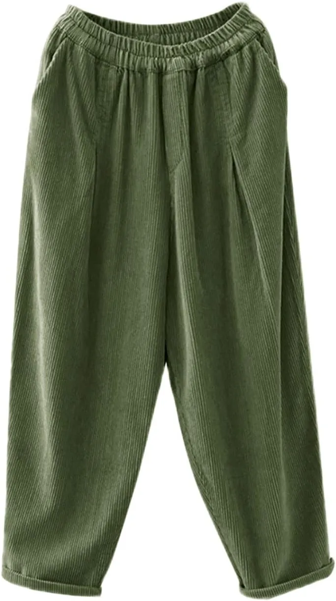 IXIMO Women's Baggy Cropped Corduroy Pants Casual Wide Leg Elastic Waist Pleated Harem Trousers