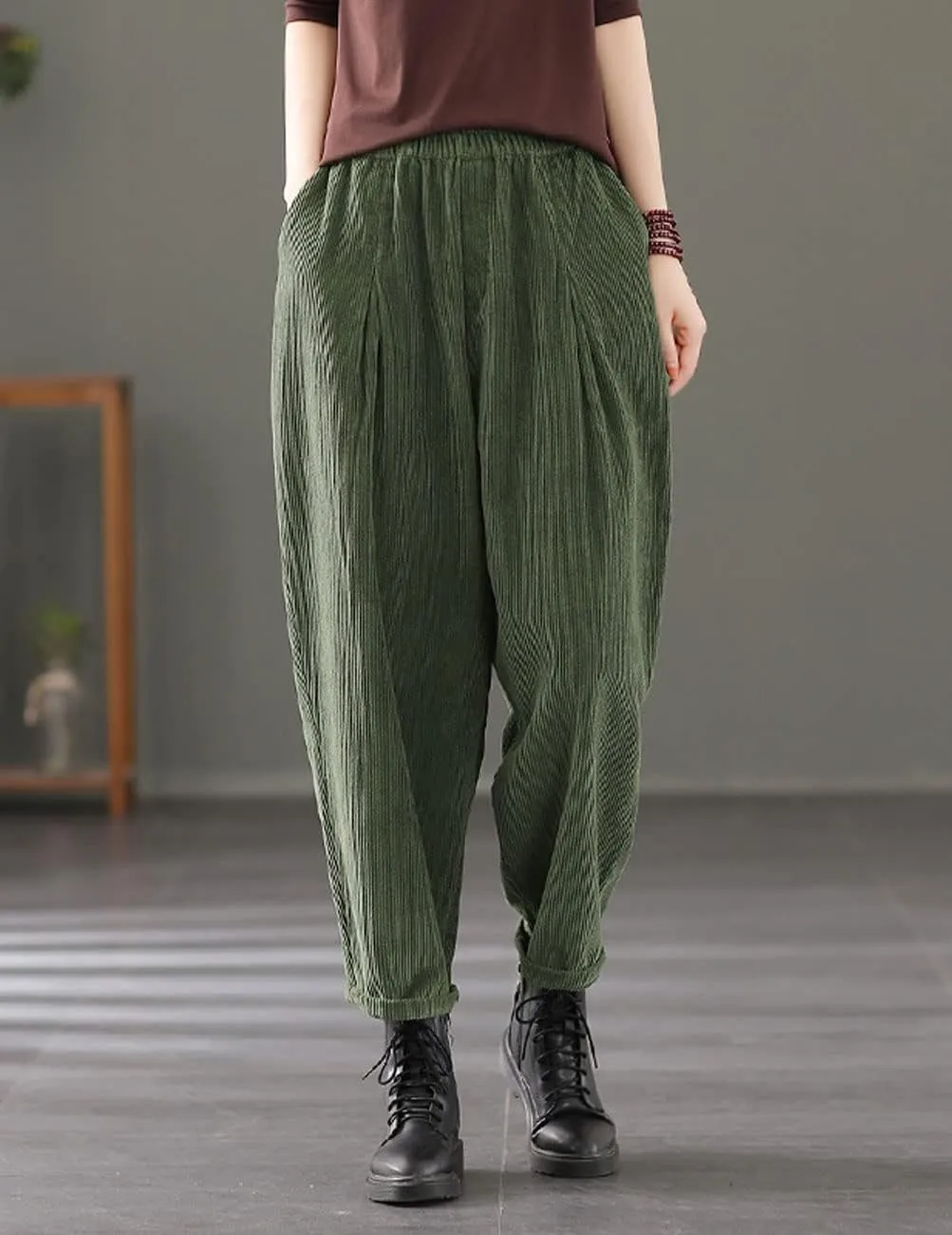 IXIMO Women's Baggy Cropped Corduroy Pants Casual Wide Leg Elastic Waist Pleated Harem Trousers