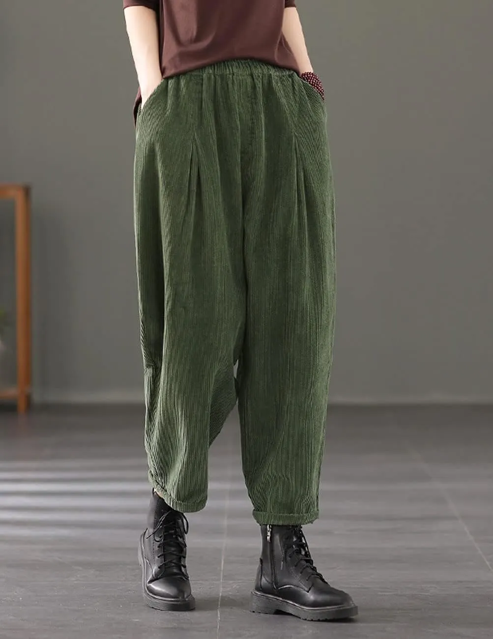 IXIMO Women's Baggy Cropped Corduroy Pants Casual Wide Leg Elastic Waist Pleated Harem Trousers