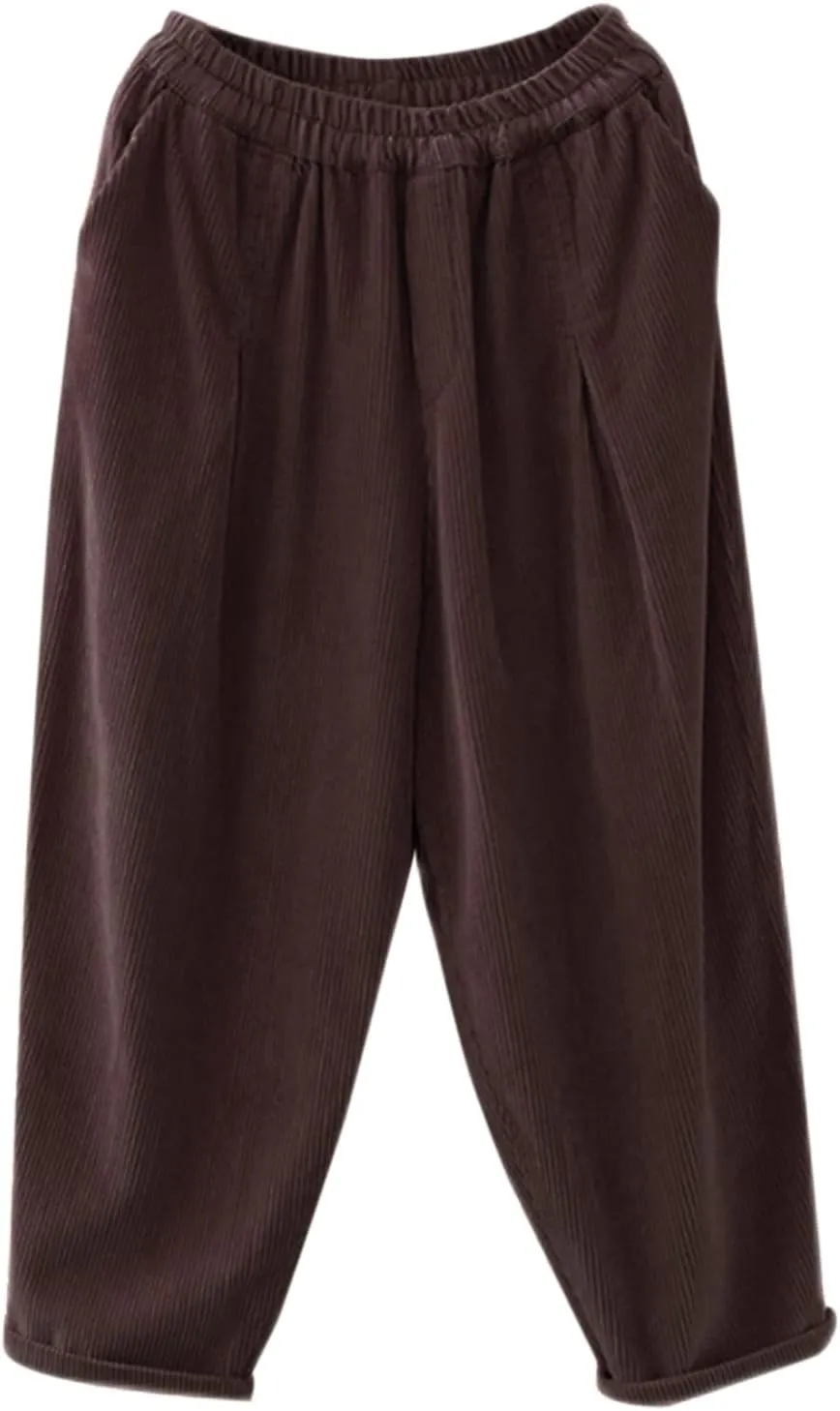 IXIMO Women's Baggy Cropped Corduroy Pants Casual Wide Leg Elastic Waist Pleated Harem Trousers