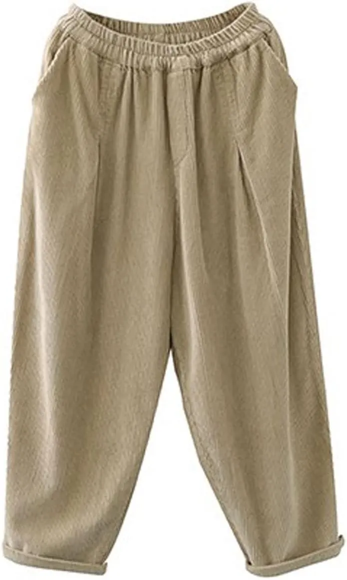 IXIMO Women's Baggy Cropped Corduroy Pants Casual Wide Leg Elastic Waist Pleated Harem Trousers