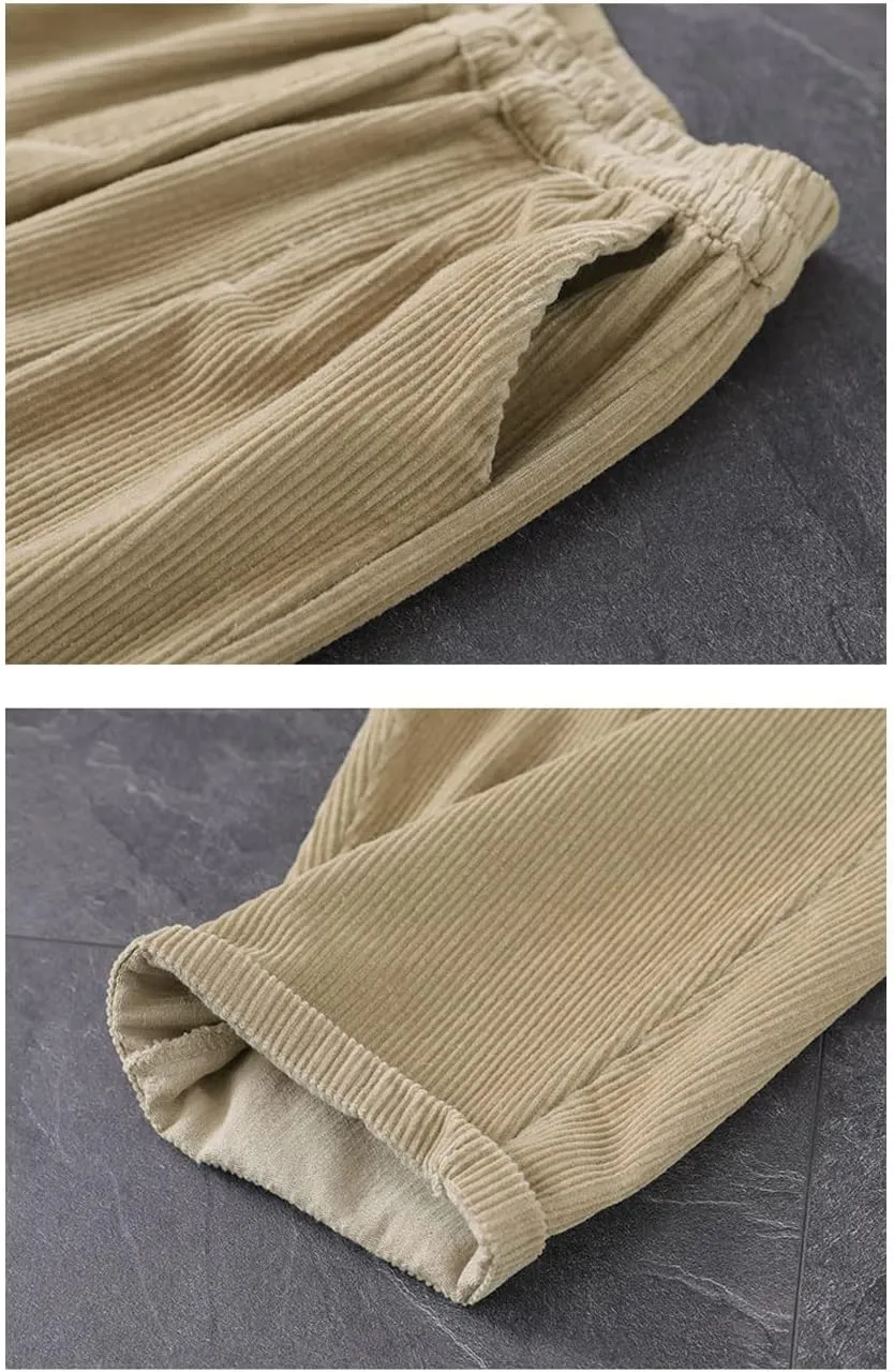 IXIMO Women's Baggy Cropped Corduroy Pants Casual Wide Leg Elastic Waist Pleated Harem Trousers