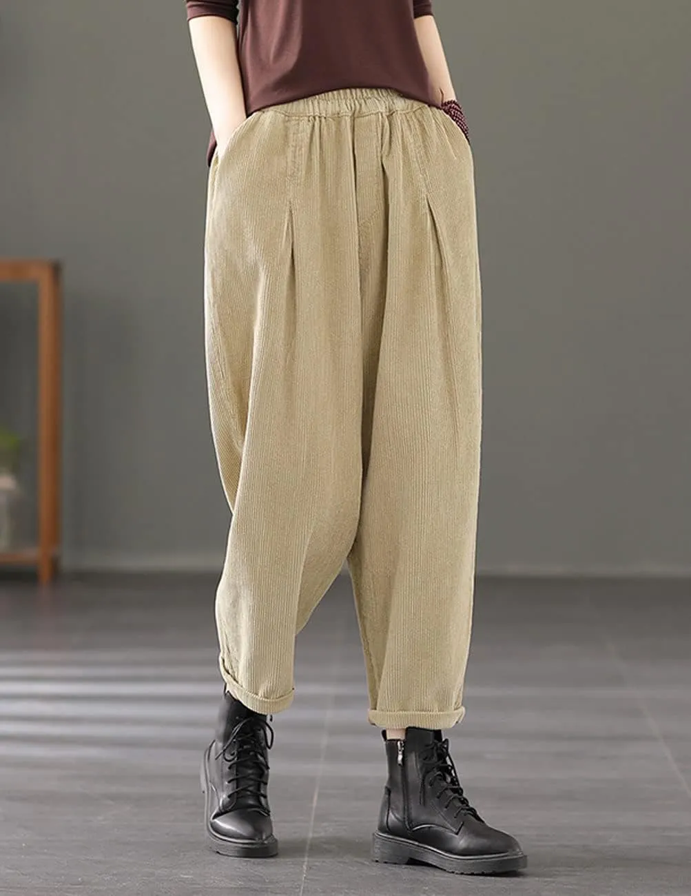 IXIMO Women's Baggy Cropped Corduroy Pants Casual Wide Leg Elastic Waist Pleated Harem Trousers