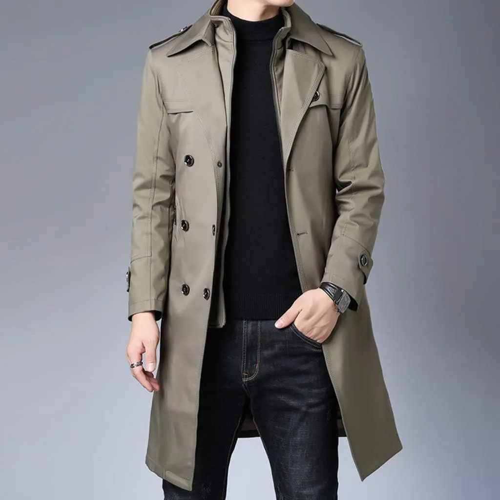 Jacket Mens Trench Coat,Men's Long Trench Coat, Cotton Padded Slim Fit Jacket, New Handsome Over-The-Knee Winter Coat (Color : Khaki, Size : 170)