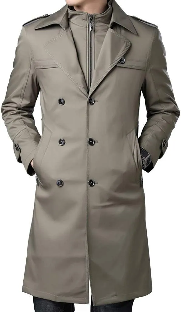 Jacket Mens Trench Coat,Men's Long Trench Coat, Cotton Padded Slim Fit Jacket, New Handsome Over-The-Knee Winter Coat (Color : Khaki, Size : 170)