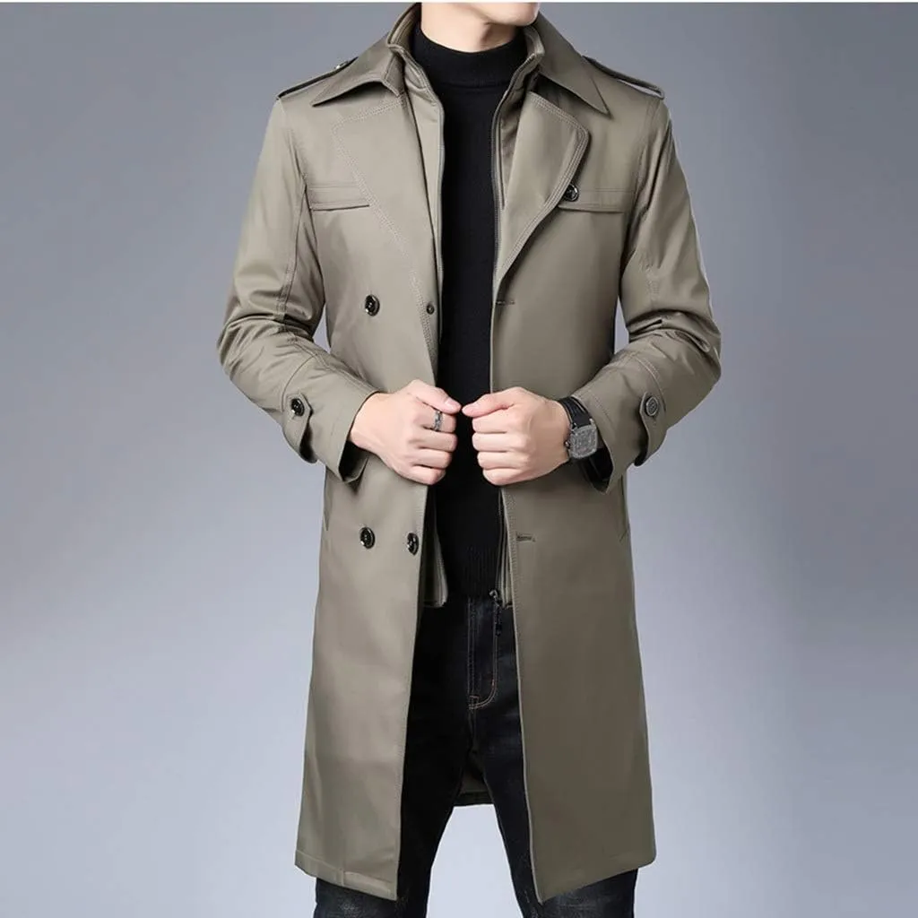 Jacket Mens Trench Coat,Men's Long Trench Coat, Cotton Padded Slim Fit Jacket, New Handsome Over-The-Knee Winter Coat (Color : Khaki, Size : 170)