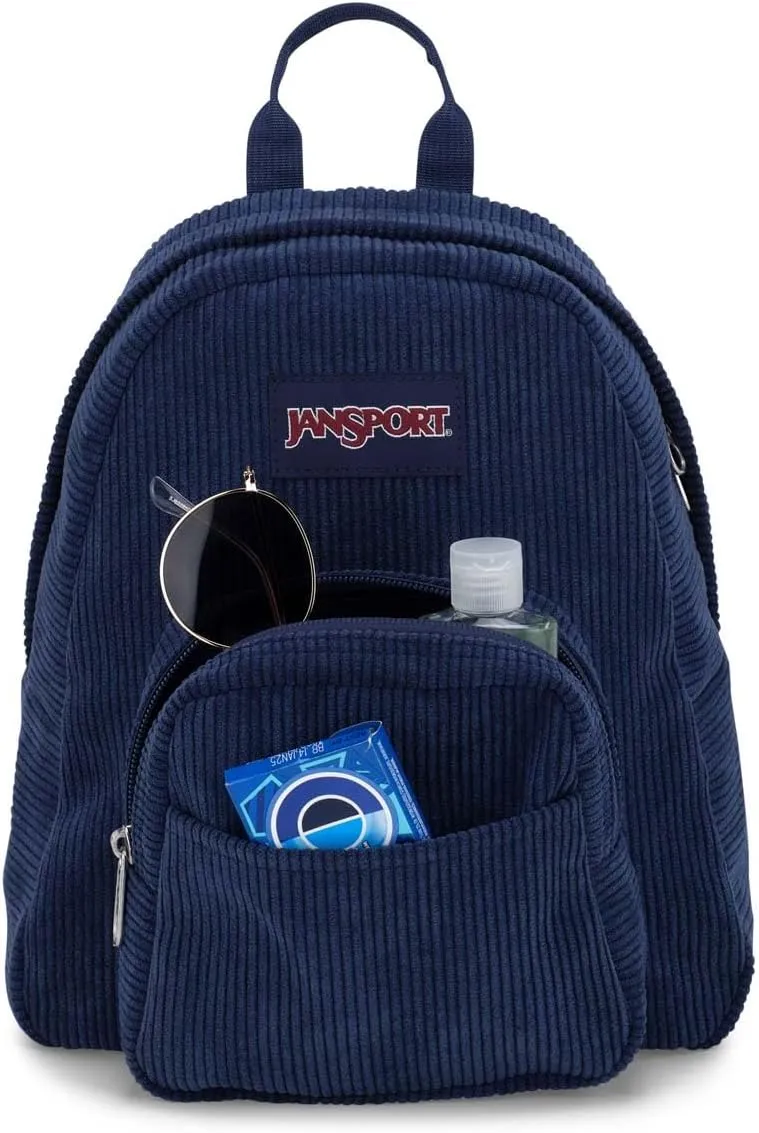 JanSport Half Pint FX Mini Backpack  One Main Compartment, Front Zippered Stash Pocket, Adjustable Webbing Shoulder Straps, Web Haul Handle - Navy Corduroy