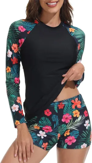 JASAMBAC Womens Rash Guard UV UPF 50  Long Sleeve Surfing Two Piece Swimsuits with Built in Bra