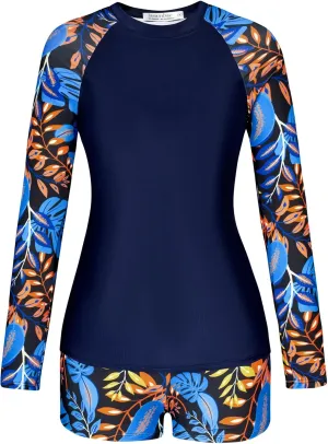 JASAMBAC Womens Rash Guard UV UPF 50  Long Sleeve Surfing Two Piece Swimsuits with Built in Bra