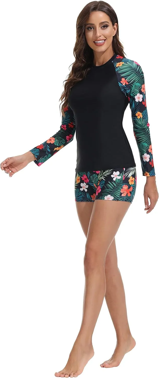 JASAMBAC Womens Rash Guard UV UPF 50  Long Sleeve Surfing Two Piece Swimsuits with Built in Bra