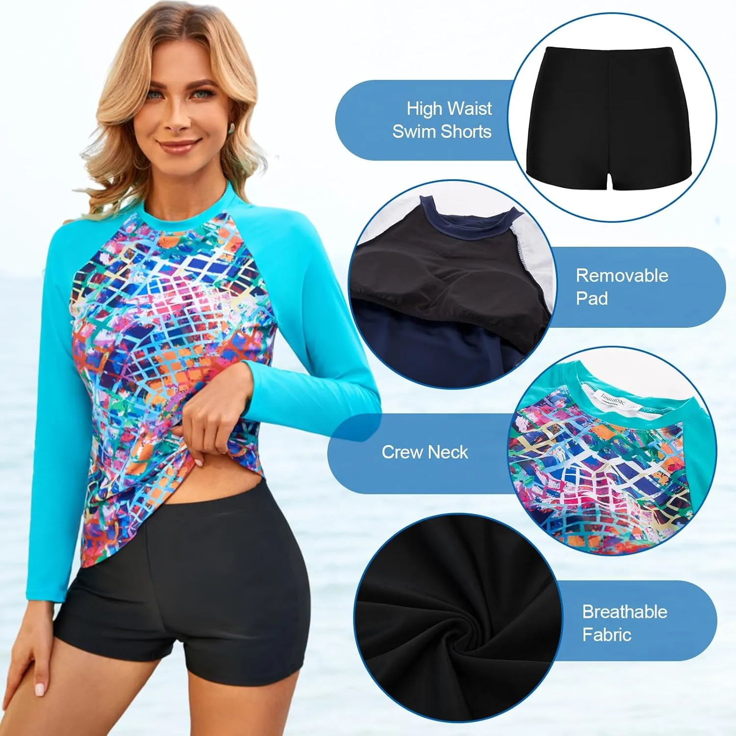 JASAMBAC Womens Rash Guard UV UPF 50  Long Sleeve Surfing Two Piece Swimsuits with Built in Bra