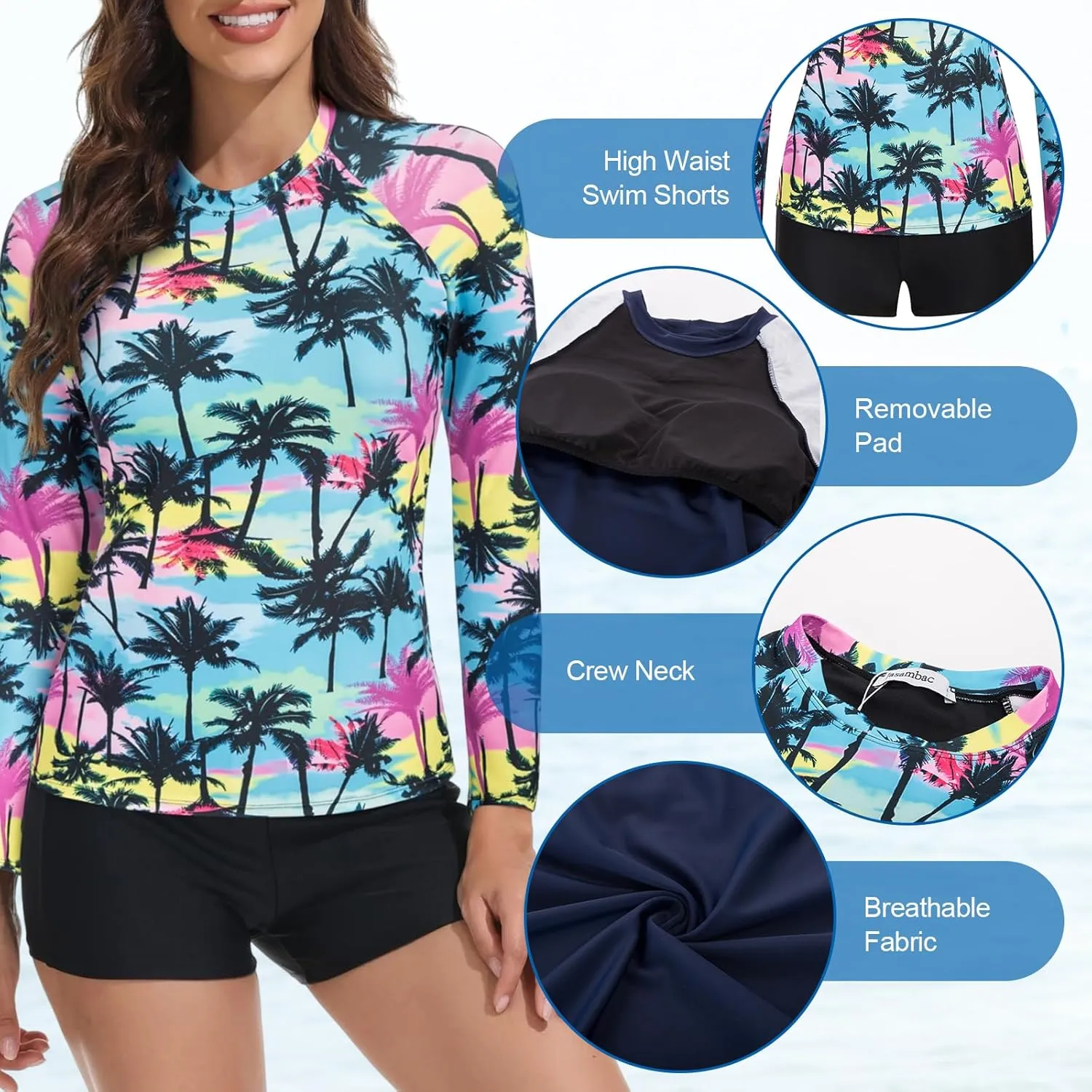 JASAMBAC Womens Rash Guard UV UPF 50  Long Sleeve Surfing Two Piece Swimsuits with Built in Bra