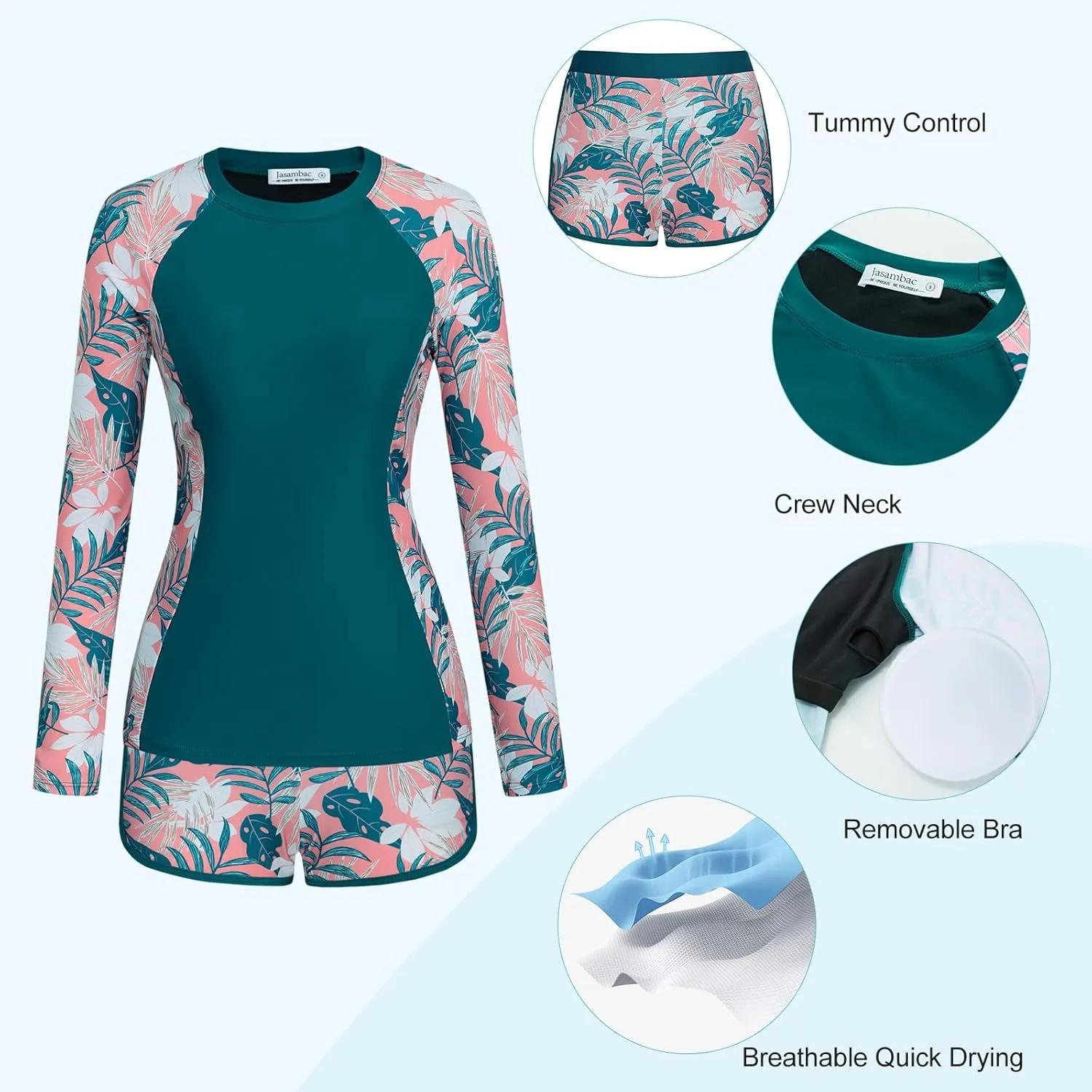 JASAMBAC Womens Rash Guard UV UPF 50  Long Sleeve Surfing Two Piece Swimsuits with Built in Bra
