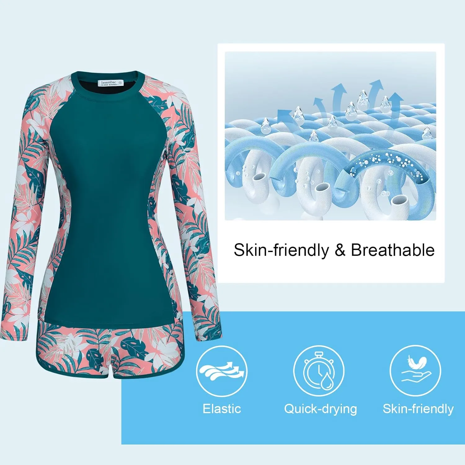 JASAMBAC Womens Rash Guard UV UPF 50  Long Sleeve Surfing Two Piece Swimsuits with Built in Bra