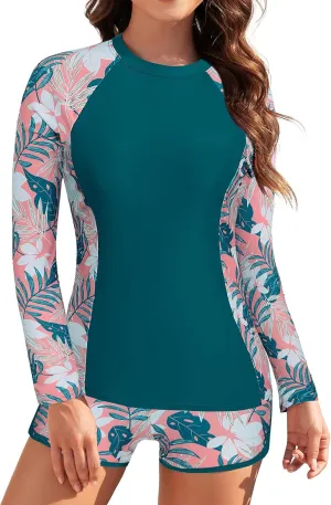 JASAMBAC Womens Rash Guard UV UPF 50  Long Sleeve Surfing Two Piece Swimsuits with Built in Bra