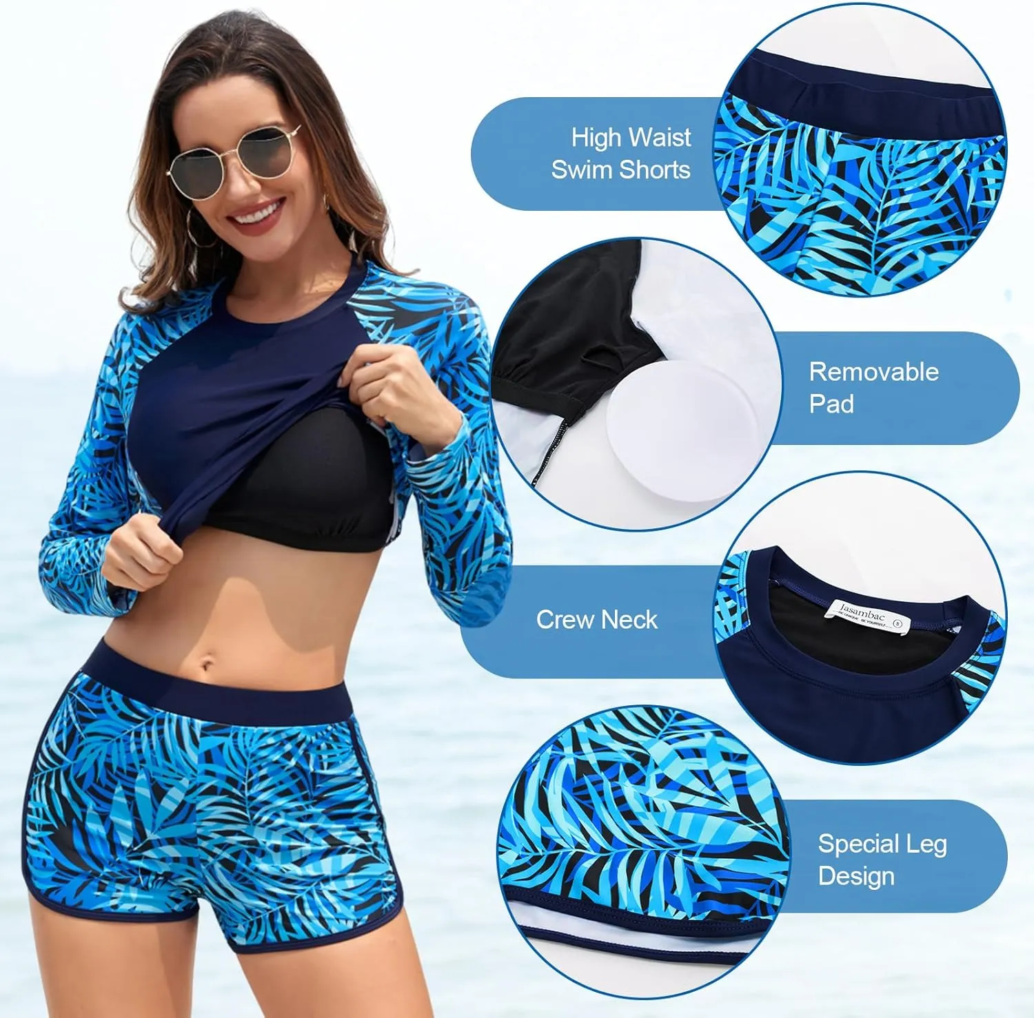 JASAMBAC Womens Rash Guard UV UPF 50  Long Sleeve Surfing Two Piece Swimsuits with Built in Bra