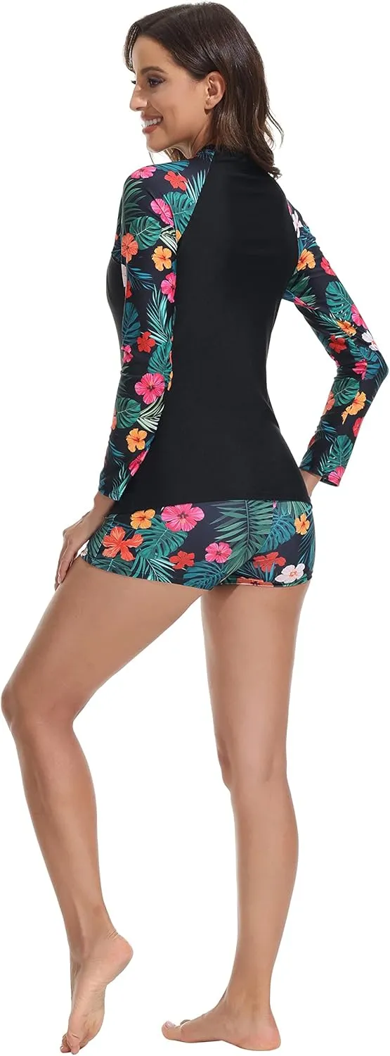 JASAMBAC Womens Rash Guard UV UPF 50  Long Sleeve Surfing Two Piece Swimsuits with Built in Bra